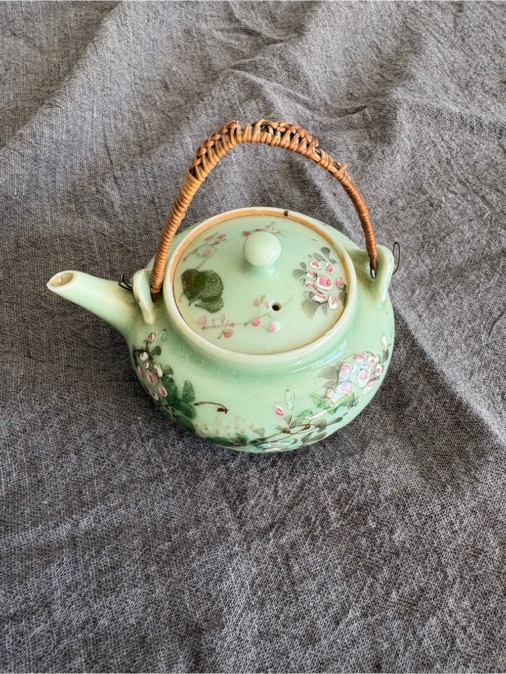 Vintage-Style Mint Green Floral Teapot with Woven Handle